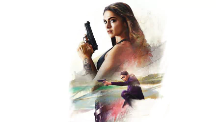 HD desktop wallpaper featuring Deepika Padukone from the movie xXx: Return of Xander Cage. The design showcases her holding a gun with an action scene and ocean in the background.