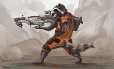 Comic-style 4K Ultra HD wallpaper of Rocket Raccoon wielding a large futuristic weapon, set against a smoky, muted background.