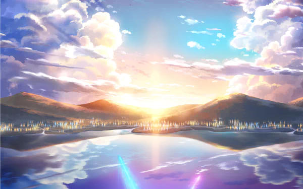 HD desktop wallpaper of an anime scene from Your Name. featuring a breathtaking landscape with mountains, a lake mirroring a vibrant sunrise, and colorful, cloudy skies.