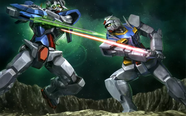 HD anime wallpaper featuring intense battle between two Mobile Suit Gundam 00 mechs on a rocky terrain under a cosmic green sky.