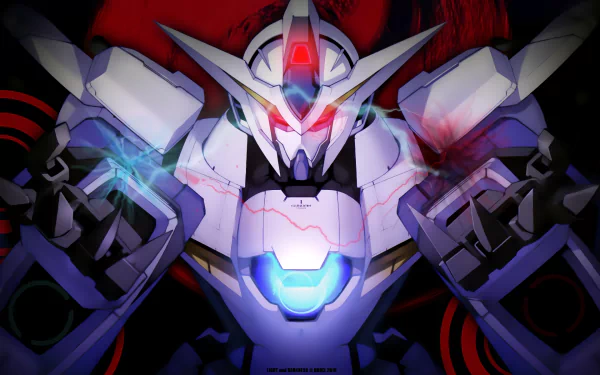 HD PC desktop wallpaper featuring an intense close-up of a Mobile Suit Gundam 00 mech from the anime series, glowing with vibrant red and blue lights.
