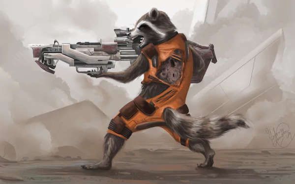 Comic-style 4K Ultra HD wallpaper of Rocket Raccoon wielding a large futuristic weapon, set against a smoky, muted background.
