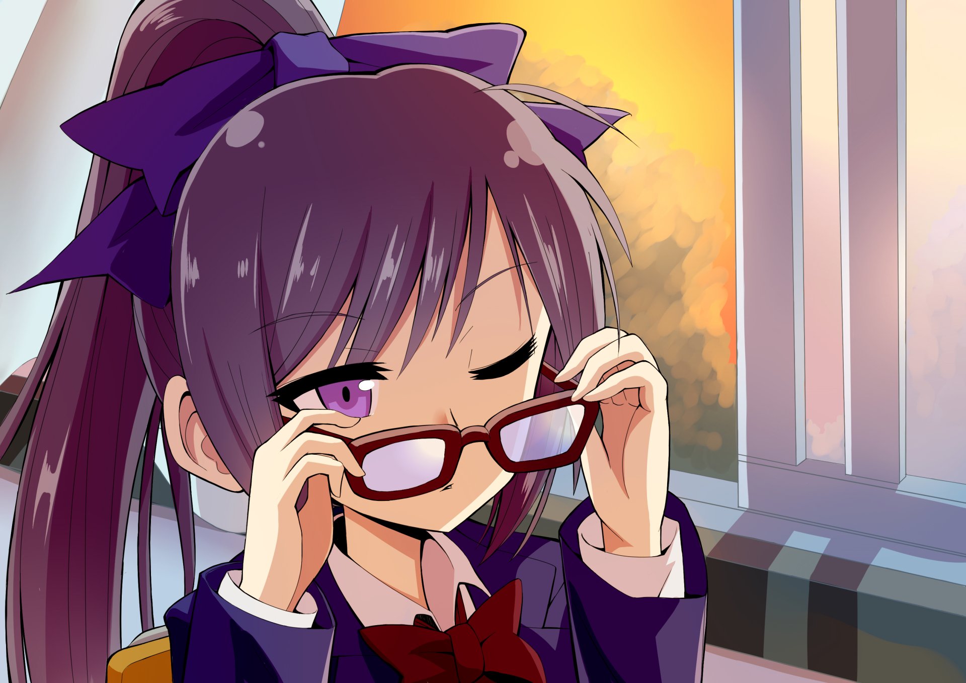 Anime-style original HD desktop wallpaper featuring a purple-haired girl adjusting her glasses by a window with warm sunset lighting.