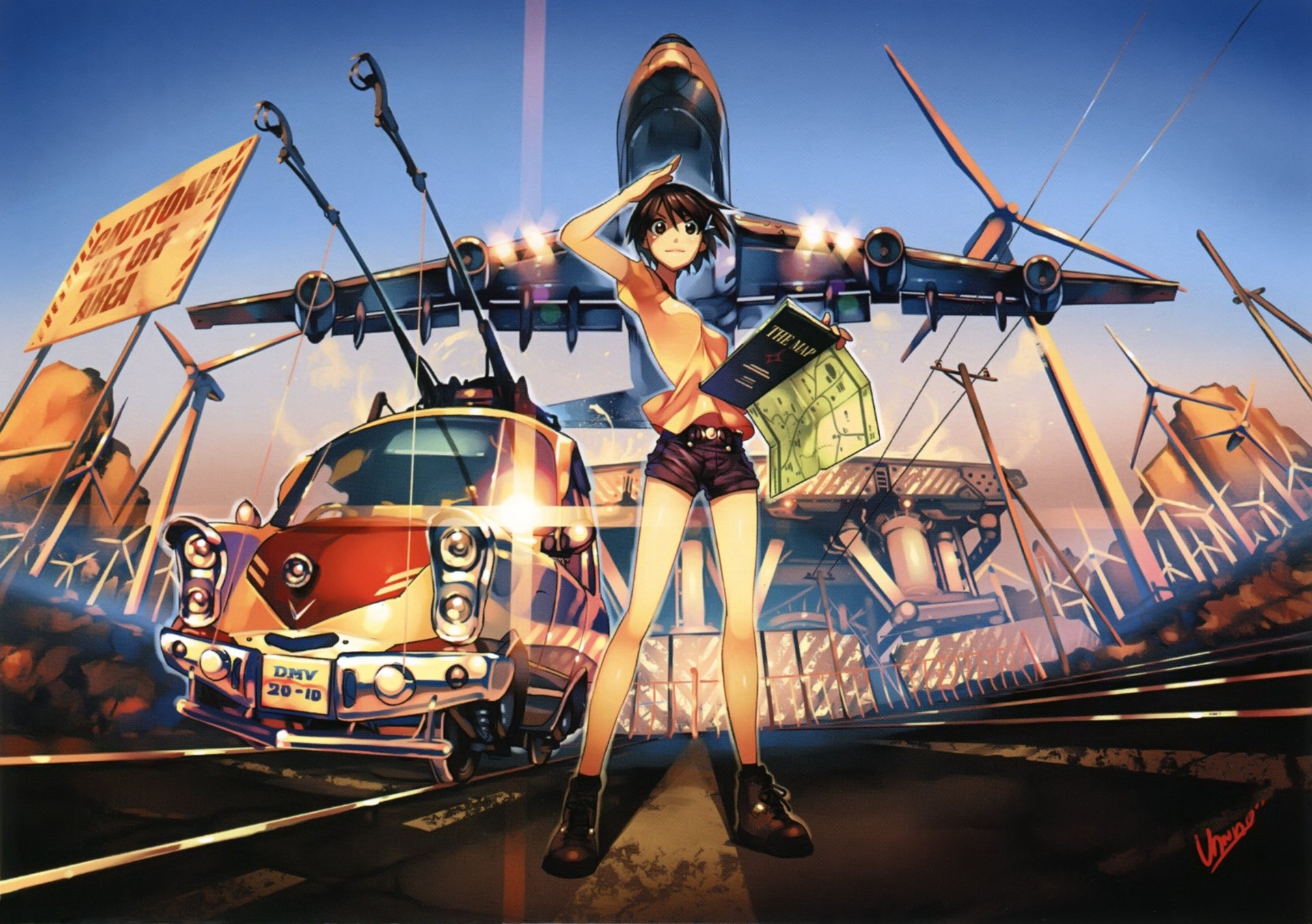 Anime-style original HD desktop wallpaper depicting a confident character standing in front of a vintage van and a large futuristic aircraft at sunset.