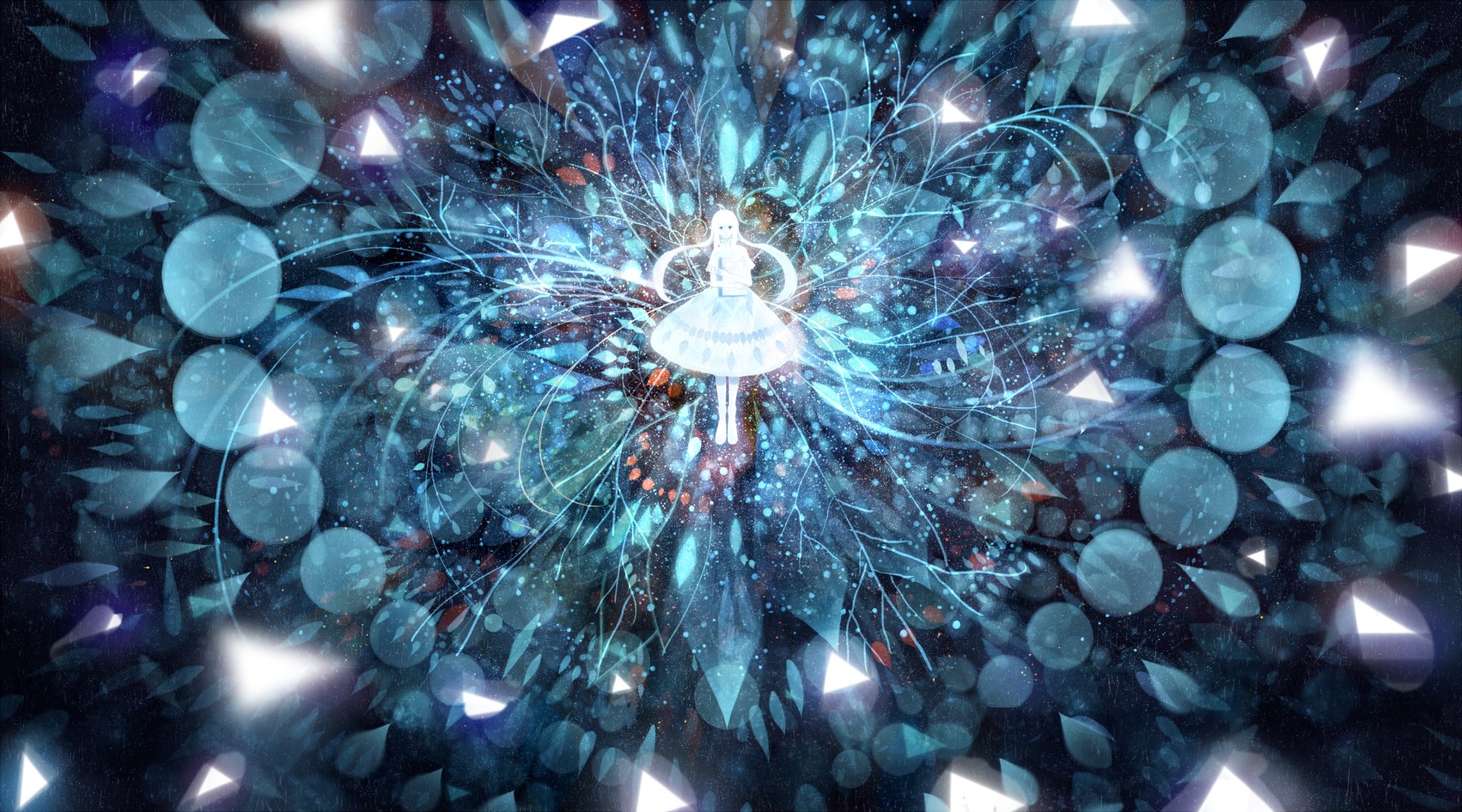 Original fantasy anime 2K Quad HD PC desktop wallpaper: a luminous anime girl in a white dress floats at center amid swirling blue crystals, light orbs and geometric shards.