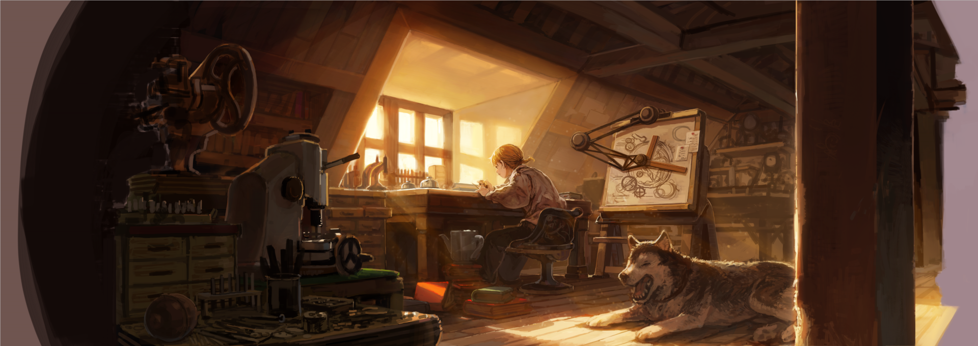 An anime-inspired room features a person working at a desk illuminated by sunlight, surrounded by tools and sketches, with a dog resting on the floor. A beautiful HD wallpaper for desktop use.