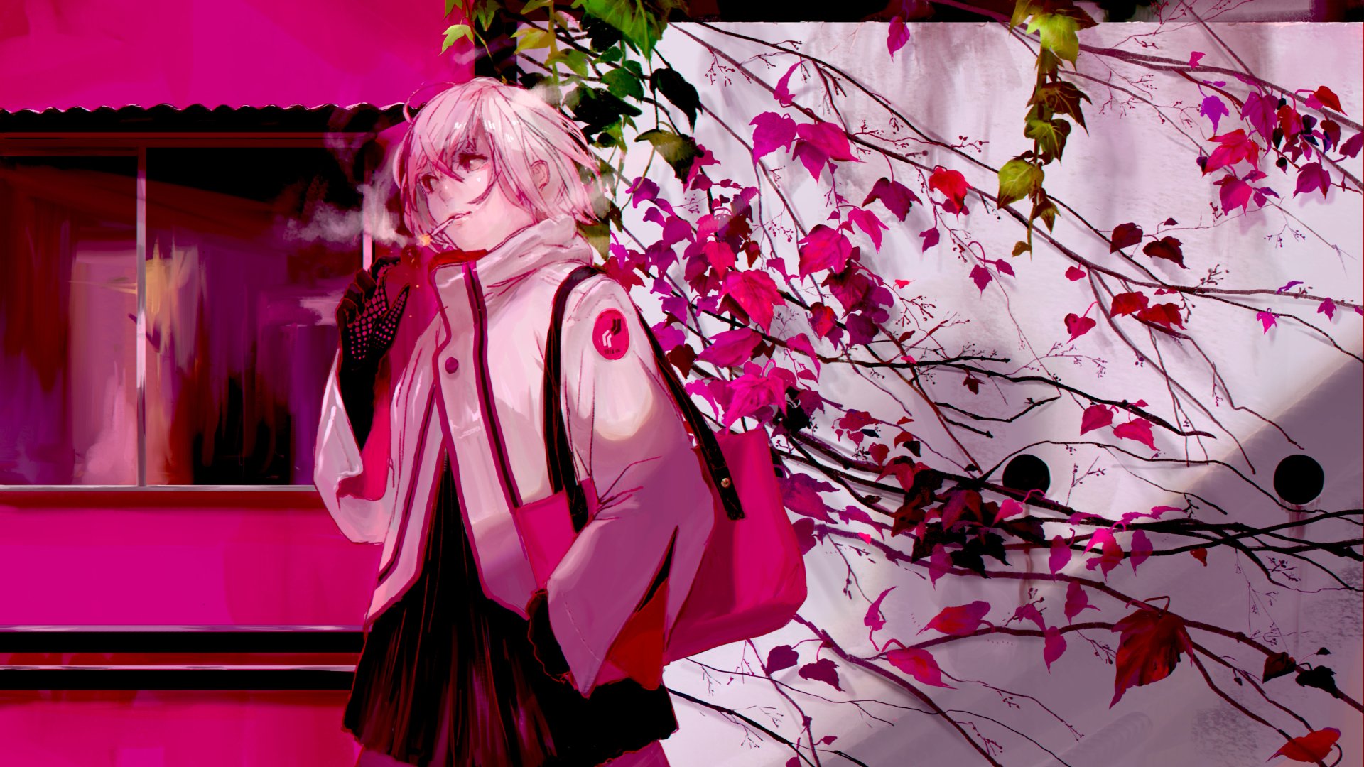 HD anime original desktop wallpaper featuring a character with light hair and a winter outfit standing by a white wall adorned with vibrant pink and red autumn leaves.