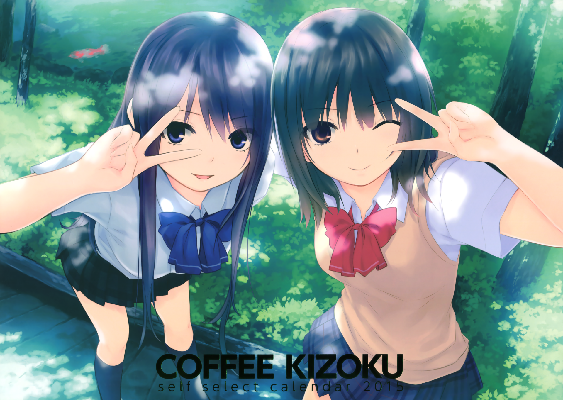 Anime original artwork of two girls posing with peace signs in a sunlit forest, rendered in vibrant colors as a 4K Ultra HD PC desktop wallpaper and background.