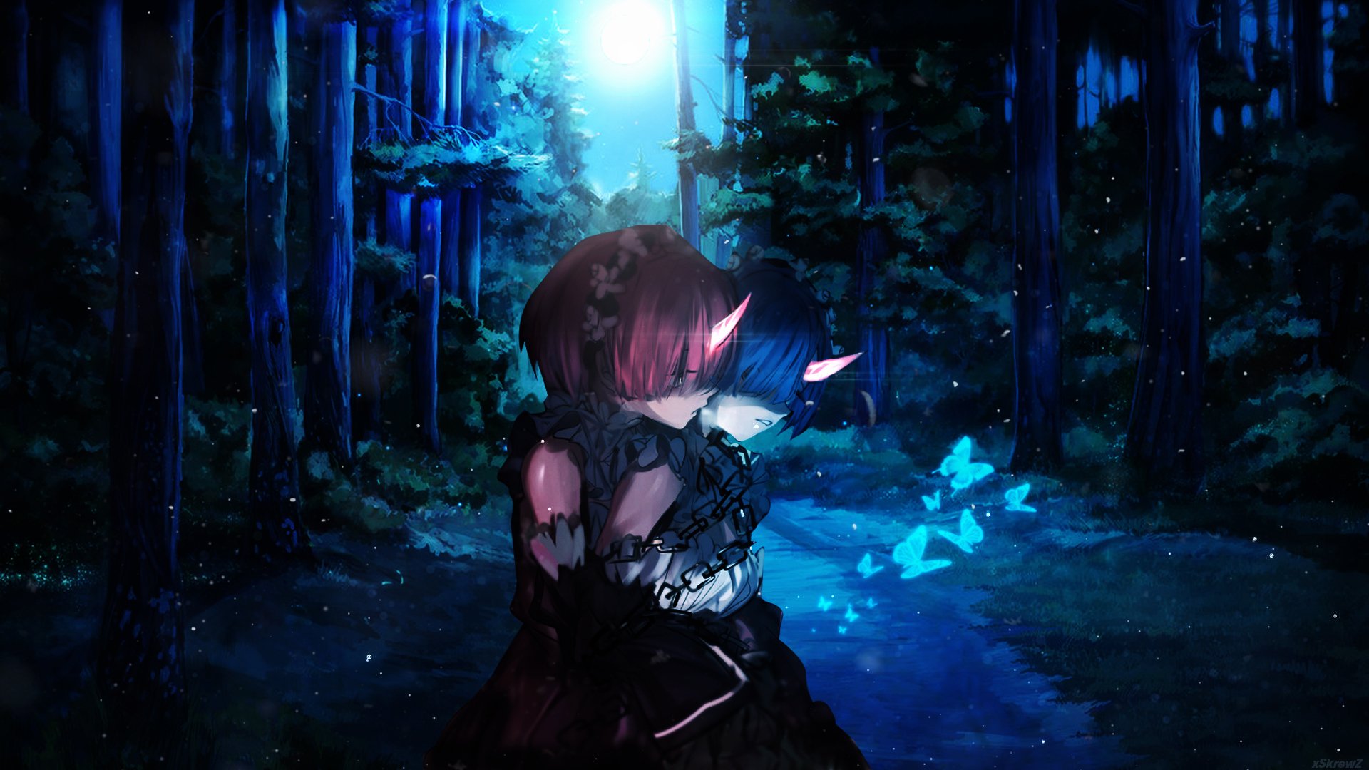 HD anime wallpaper from Re:Zero - Starting Life in Another World, featuring two characters embracing in a glowing, moonlit forest with ethereal blue butterflies.