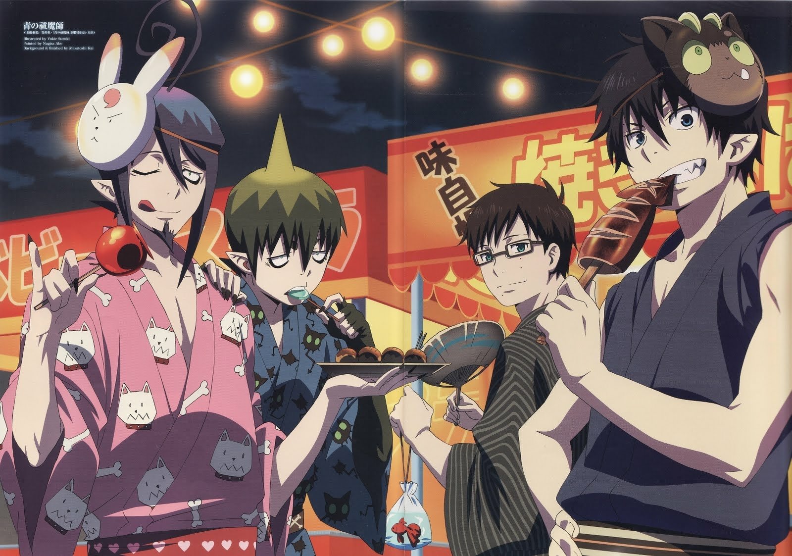 HD PC desktop wallpaper/background: Blue Exorcist anime characters in yukata enjoying festival street food under glowing lanterns.