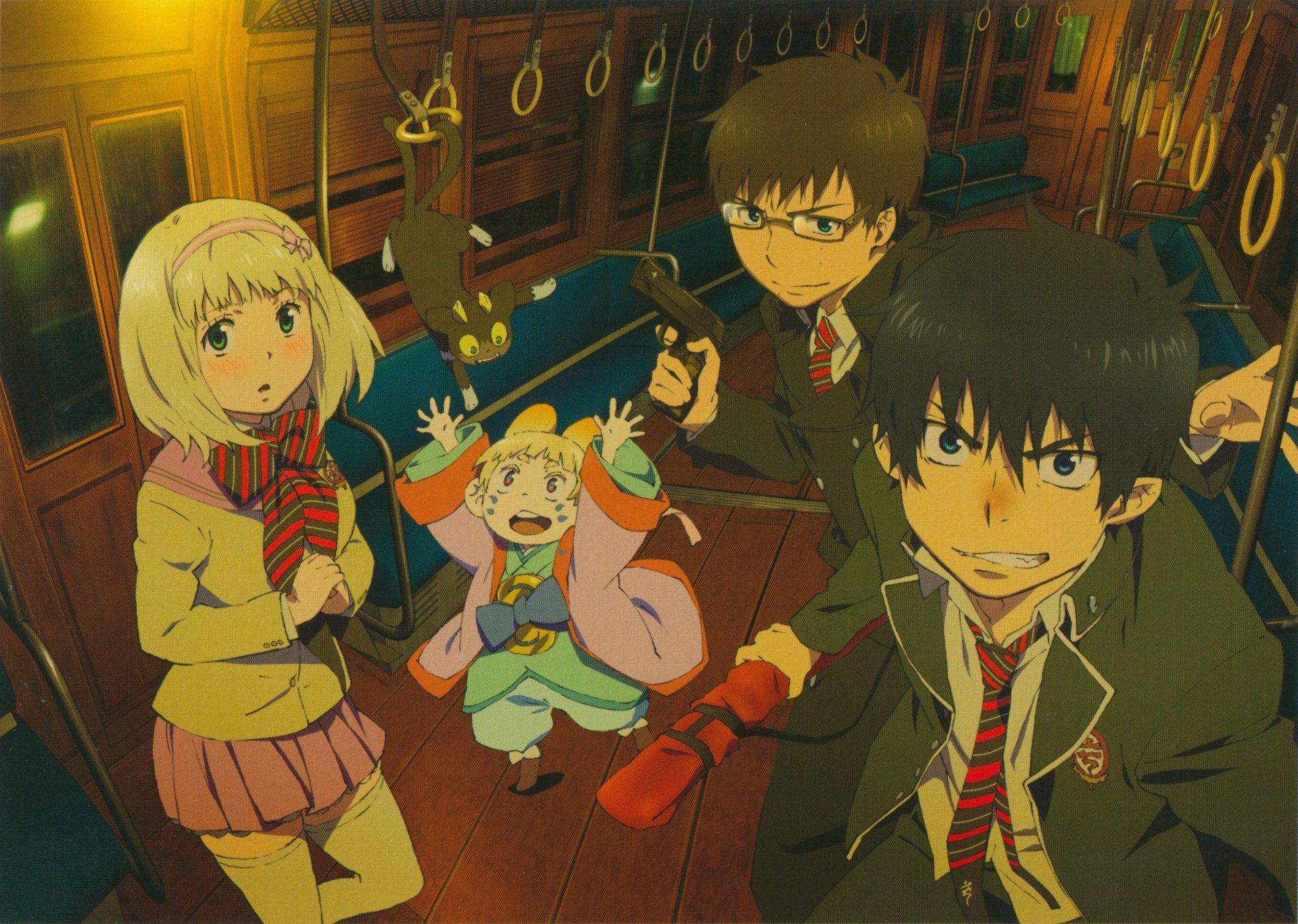 Anime-style Blue Exorcist characters pose inside a dimly lit train, captured in vibrant 4K Ultra HD quality for a striking PC desktop wallpaper and background.