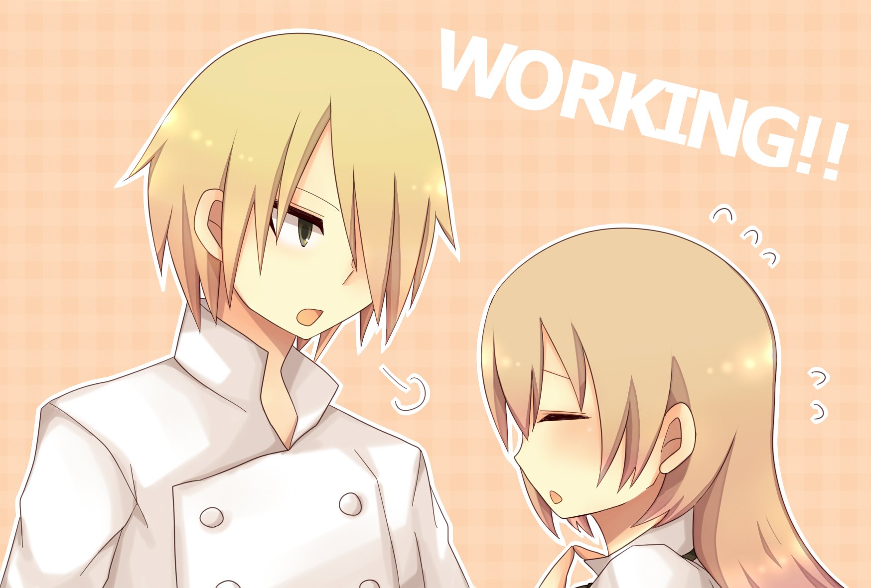 Anime-style HD desktop wallpaper featuring two characters from Working!!, one in a chef's uniform and the other with a shy expression against a peach checkered background.