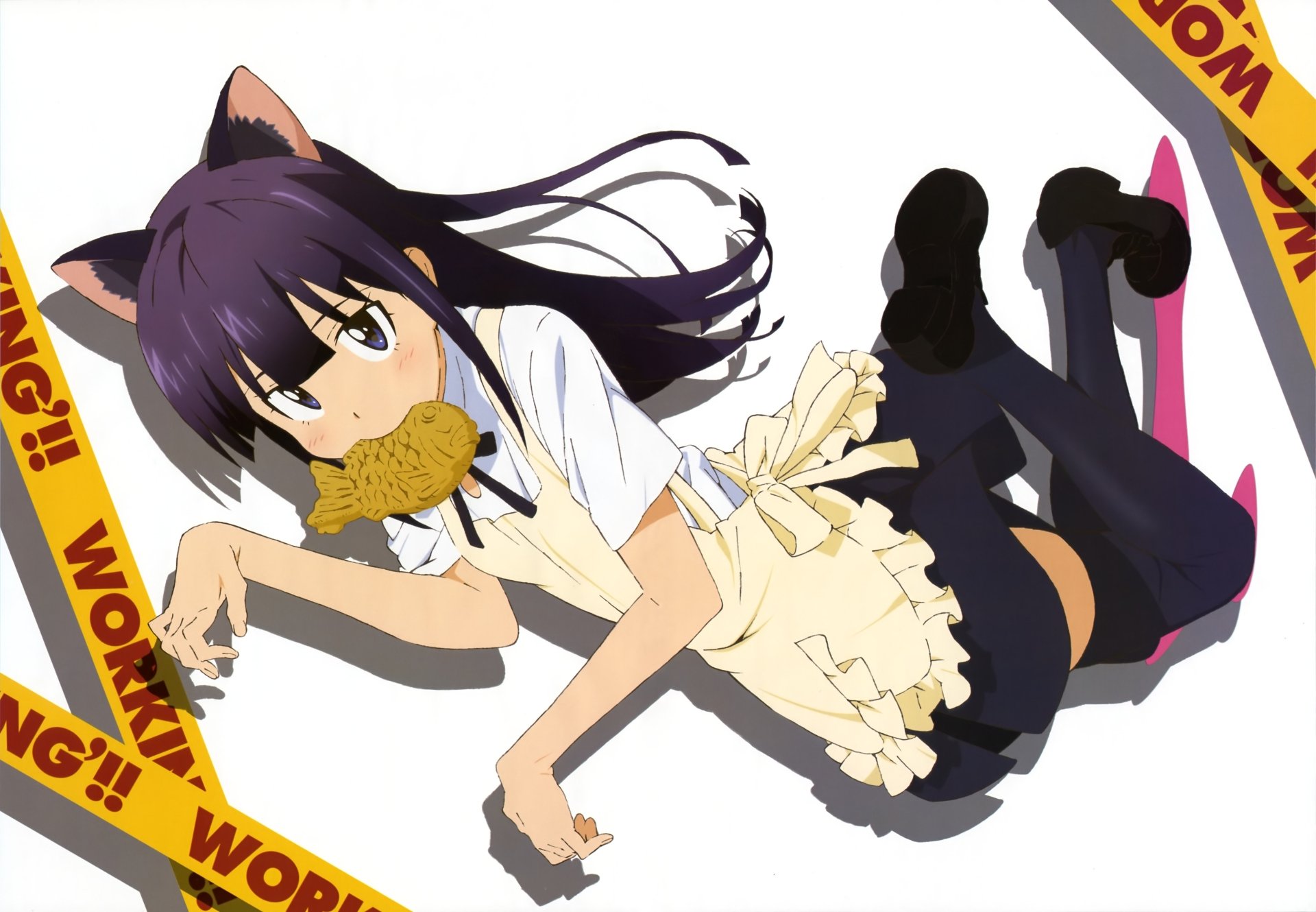 Anime Working!! cat-eared girl in a maid apron nibbling a cookie, reclining on a white background — 5K Ultra HD PC desktop wallpaper/background.
