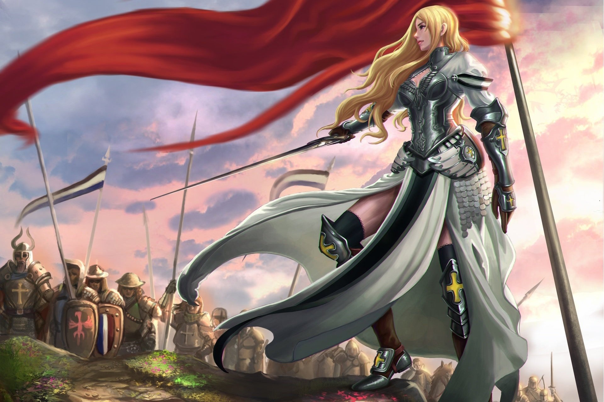 HD desktop wallpaper featuring a blonde woman warrior with long hair, dressed in silver armor. She stands confidently with a sword, leading soldiers with a red banner flying above, set in a fantasy world.