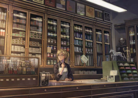 Anime-inspired HD wallpaper depicting a charming shop interior with a thoughtful character at the counter, surrounded by colorful art supplies and various items on shelves.