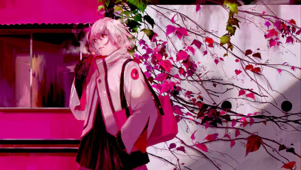 HD anime original desktop wallpaper featuring a character with light hair and a winter outfit standing by a white wall adorned with vibrant pink and red autumn leaves.