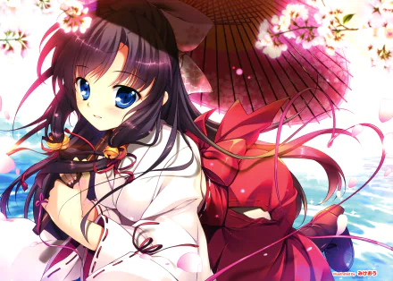 Anime-style original artwork of a girl with blue eyes holding a red umbrella, surrounded by cherry blossoms, rendered in vibrant colors as a 4K Ultra HD PC desktop wallpaper.