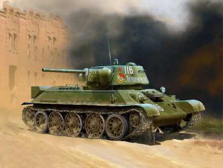 HD PC desktop wallpaper of a T-34 military tank positioned near a building with smoke in the background, showcasing its iconic design and armor.