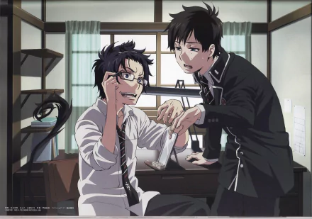 Blue Exorcist HD PC desktop wallpaper: anime brothers Rin (right) and Yukio (left) in a sunlit room—Yukio tweaks his glasses at a desk while Rin leans over, grinning.