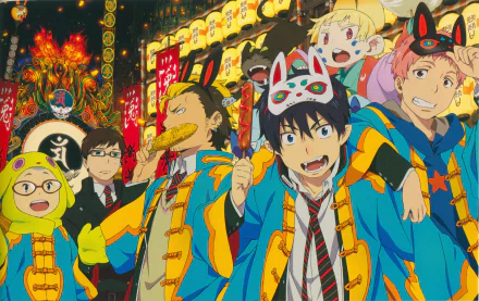 4K Ultra HD Blue Exorcist anime desktop wallpaper featuring vibrant festival scene with main characters in matching blue and orange jackets enjoying street food and festivities.