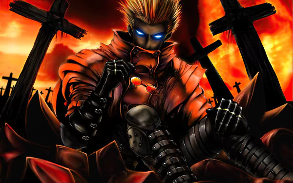 HD desktop wallpaper featuring Vash the Stampede from the anime Trigun, depicted with glowing blue eyes and a fiery, intense background.