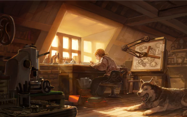 An anime-inspired room features a person working at a desk illuminated by sunlight, surrounded by tools and sketches, with a dog resting on the floor. A beautiful HD wallpaper for desktop use.