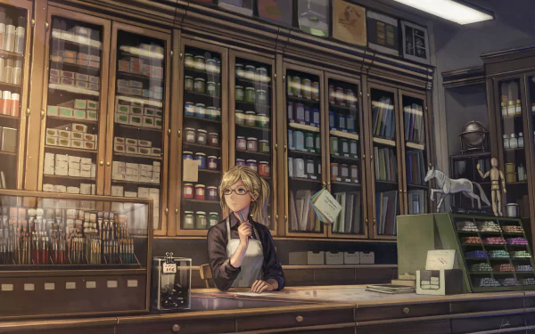 Anime-inspired HD wallpaper depicting a charming shop interior with a thoughtful character at the counter, surrounded by colorful art supplies and various items on shelves.