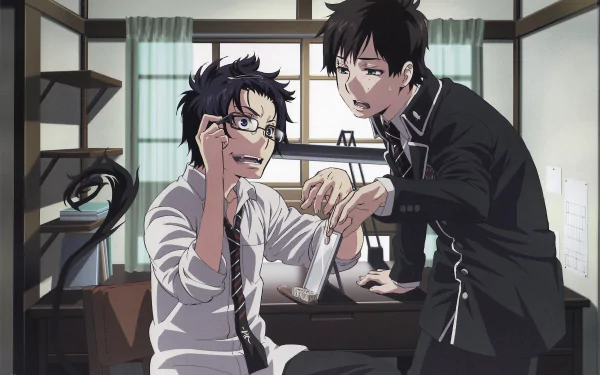 Blue Exorcist HD PC desktop wallpaper: anime brothers Rin (right) and Yukio (left) in a sunlit room—Yukio tweaks his glasses at a desk while Rin leans over, grinning.