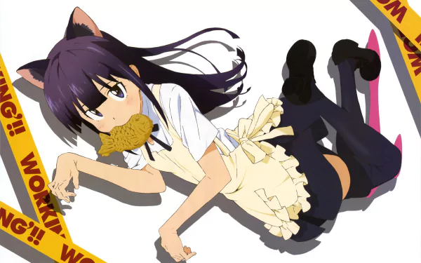Anime Working!! cat-eared girl in a maid apron nibbling a cookie, reclining on a white background — 5K Ultra HD PC desktop wallpaper/background.