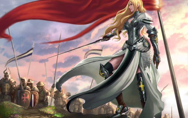 HD desktop wallpaper featuring a blonde woman warrior with long hair, dressed in silver armor. She stands confidently with a sword, leading soldiers with a red banner flying above, set in a fantasy world.