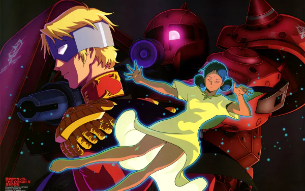 Anime-style 4K Ultra HD Mobile Suit Gundam wallpaper featuring characters in dynamic poses with vibrant colors and futuristic mecha elements on a dark background.