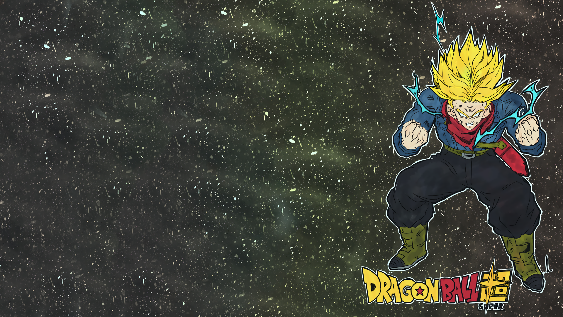 HD desktop wallpaper featuring Trunks from Dragon Ball Super in a dynamic pose against a starry background. The Dragon Ball Super logo appears at the bottom right.