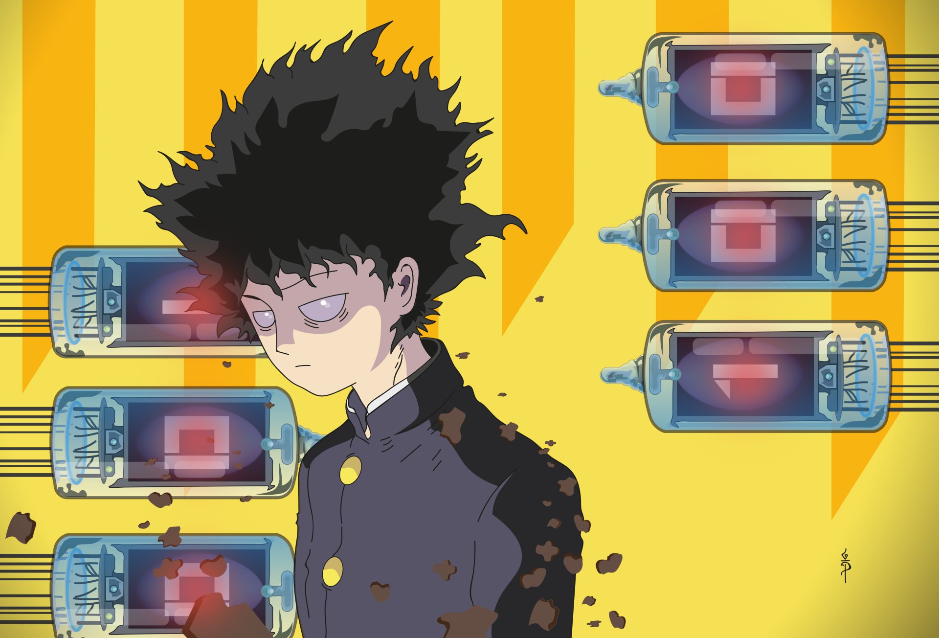 Shigeo Kageyama from Mob Psycho 100 is depicted in a 4K Ultra HD anime-style wallpaper with a yellow background and low battery icons.