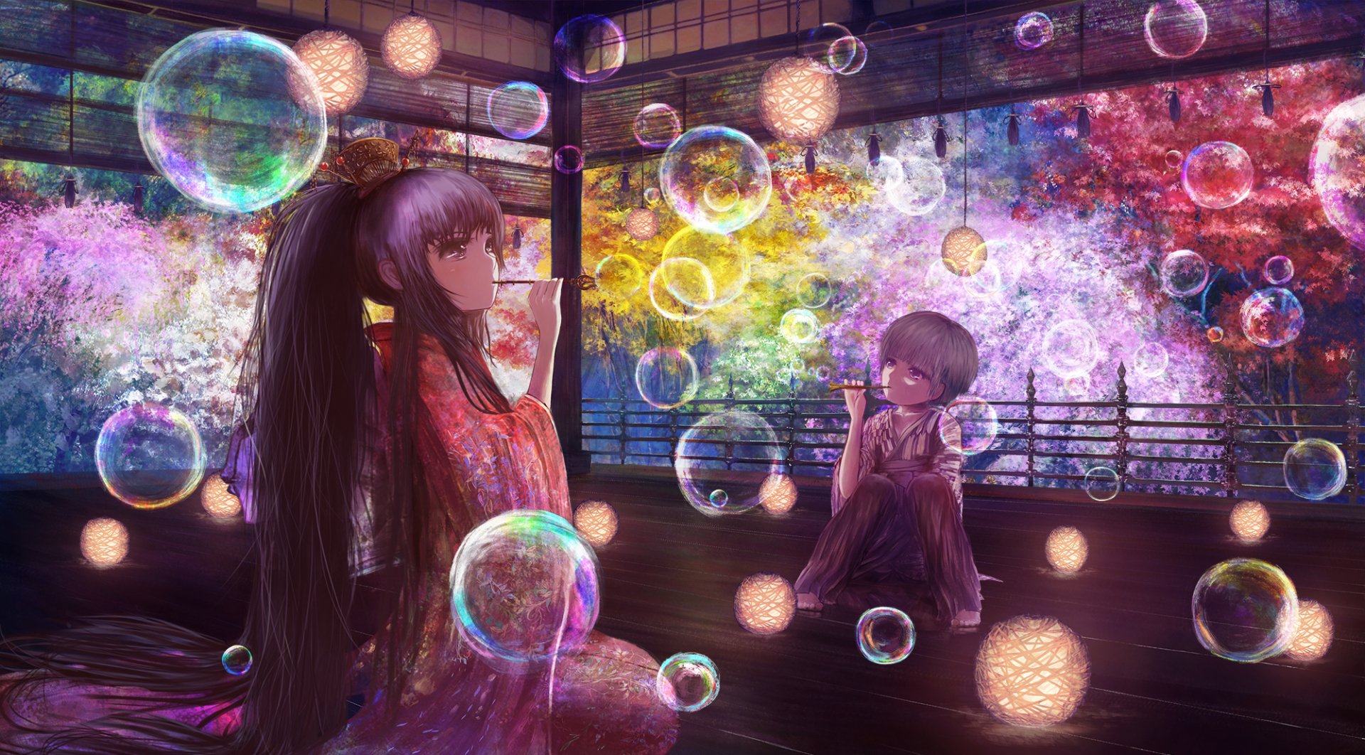 Original anime HD PC desktop wallpaper: two girls in a lantern-lit tatami room, colorful nebula outside and translucent bubbles drifting inside.