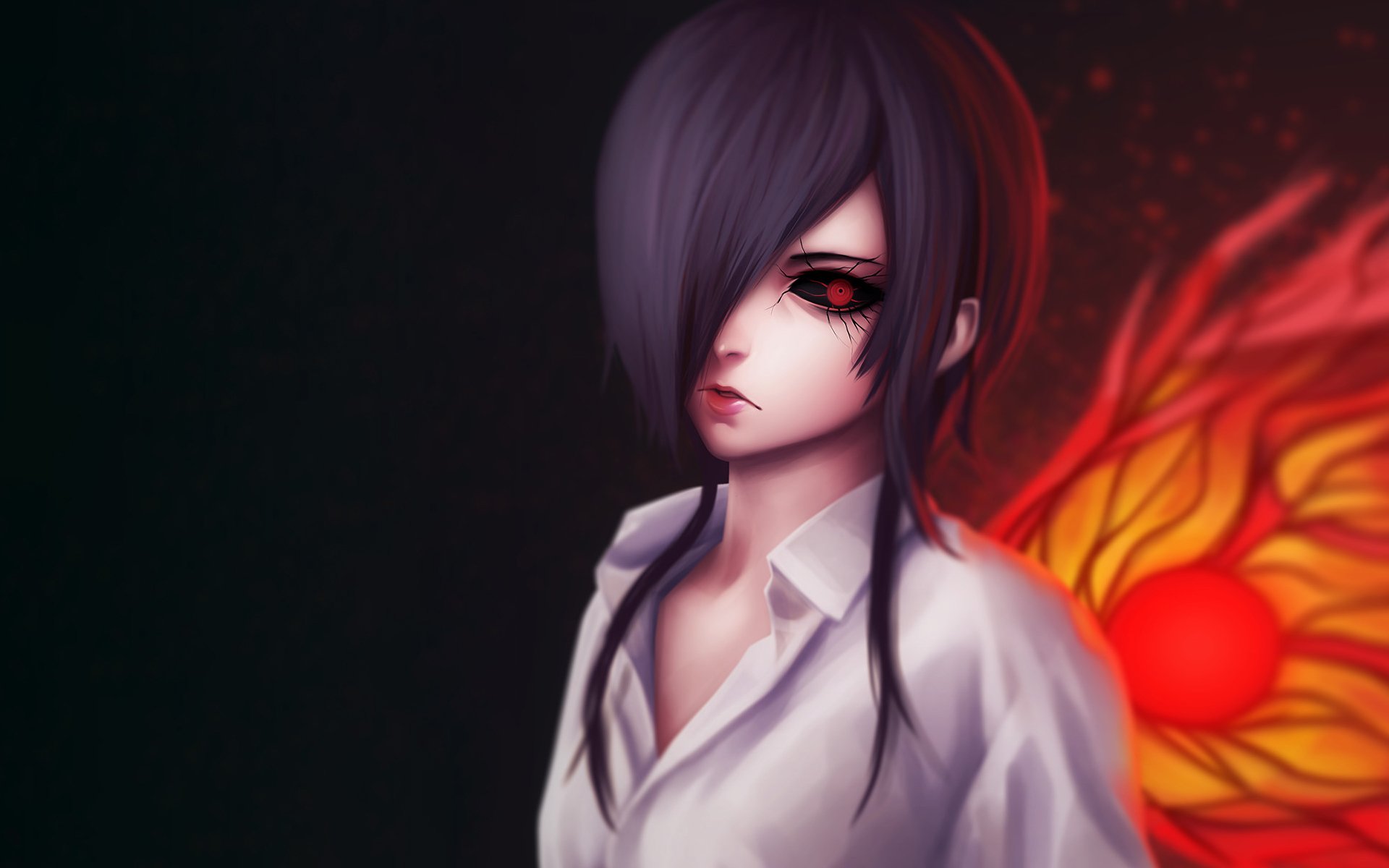 HD wallpaper featuring Touka Kirishima from the anime Tokyo Ghoul. She stands with a serious expression, dark hair covering one eye, and a fiery red background accentuating her ghoul nature.