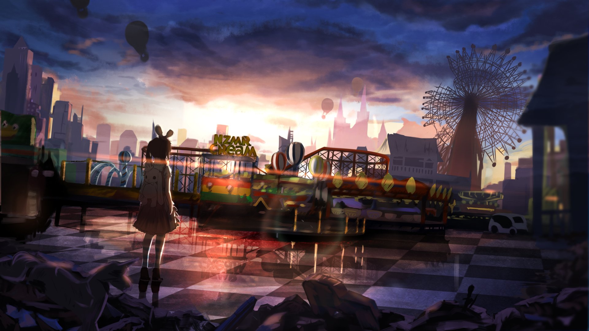 HD anime-style original desktop wallpaper depicting a girl overlooking a vibrant, futuristic cityscape at sunset with dynamic lighting and detailed urban elements.