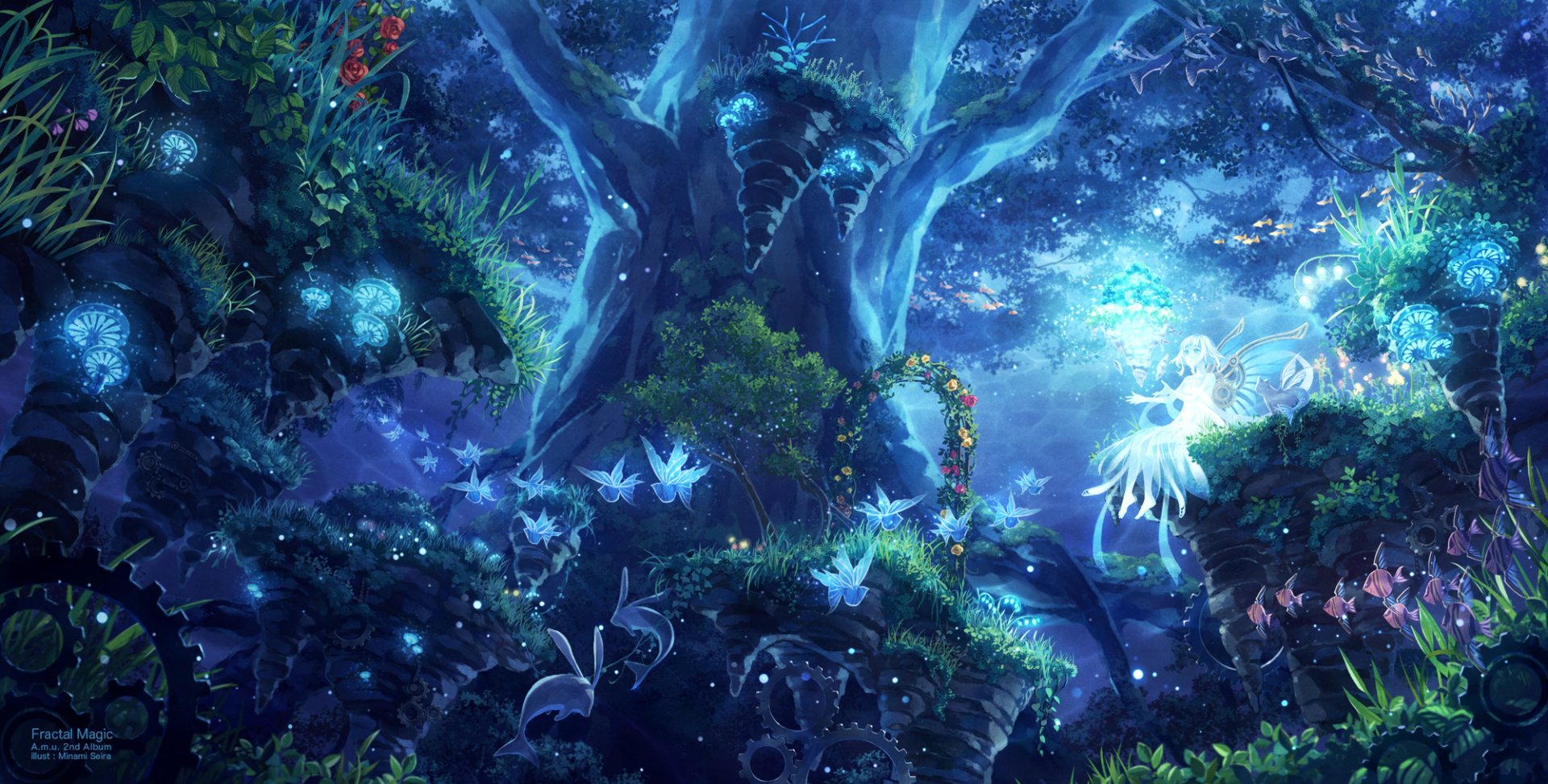 A vibrant anime scene depicting a mystical forest with glowing plants, ethereal creatures, and a serene figure, creating a captivating HD desktop wallpaper and background.