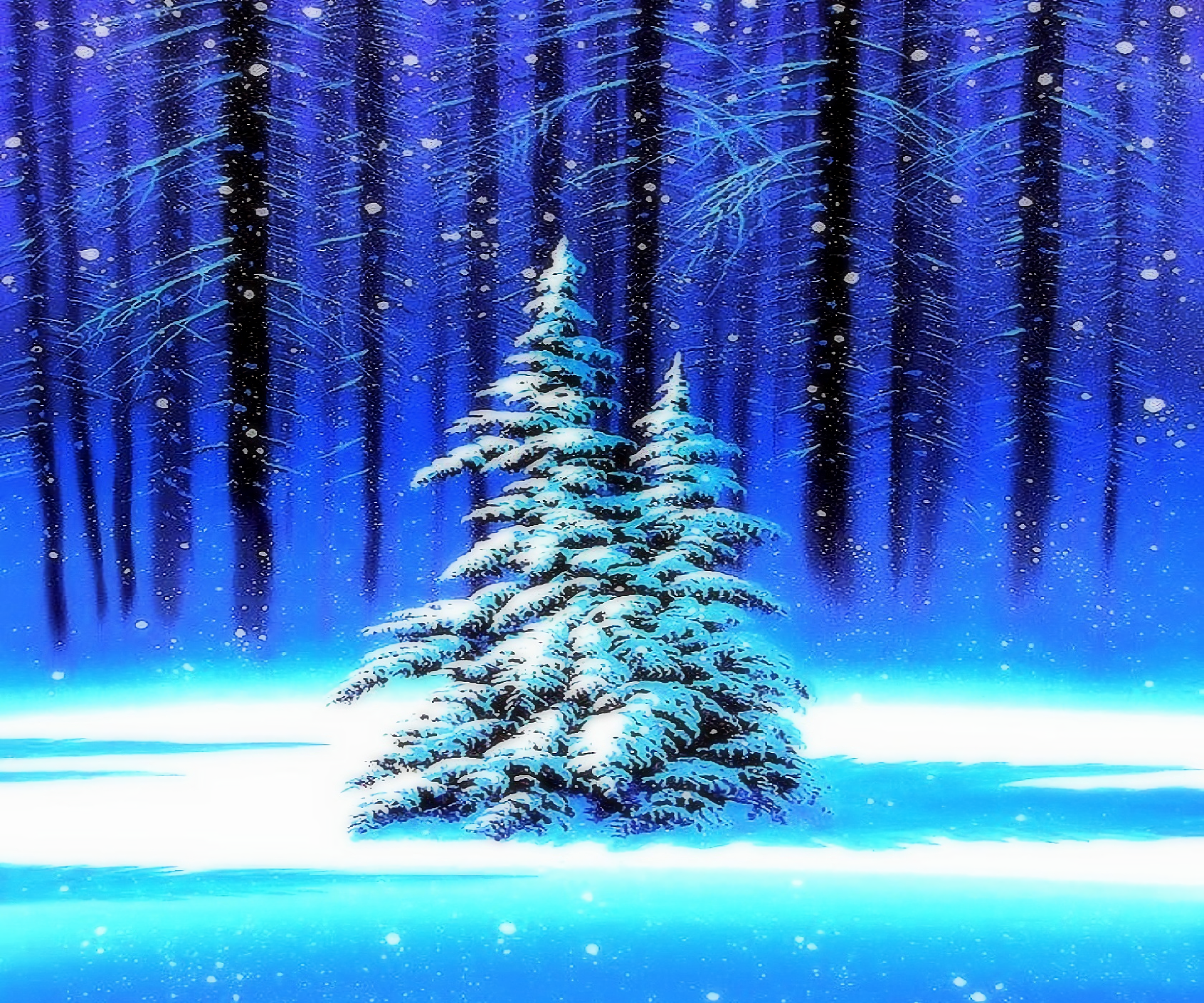 HD artistic winter forest wallpaper featuring snow-covered pine trees glowing softly against a deep blue background of tall, shadowy trees in tranquil snowfall.