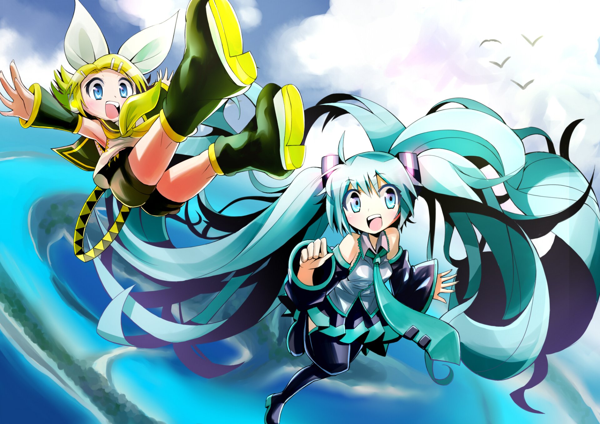 HD PC desktop wallpaper featuring Vocaloid stars Hatsune Miku and Rin Kagamine, Miku’s teal twin-tails streaming and Rin mid-jump against a bright, swirling sky.