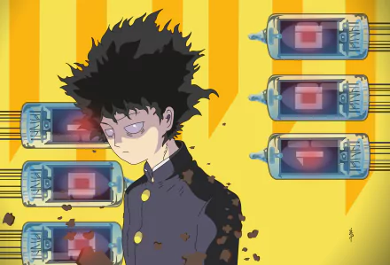 Shigeo Kageyama from Mob Psycho 100 is depicted in a 4K Ultra HD anime-style wallpaper with a yellow background and low battery icons.