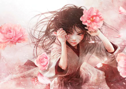 Anime-style original artwork of a girl with flowing dark hair surrounded by pink flowers, designed as a 4K Ultra HD PC desktop wallpaper and background.