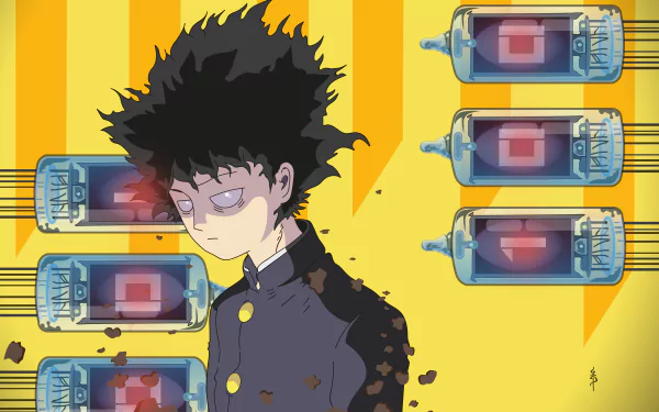 Shigeo Kageyama from Mob Psycho 100 is depicted in a 4K Ultra HD anime-style wallpaper with a yellow background and low battery icons.