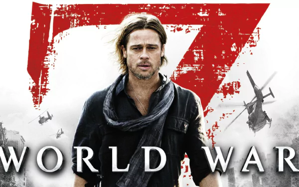 HD PC desktop wallpaper for the movie World War Z: a rugged male lead stands before a weathered red Z with helicopters and smoky city ruins behind him.