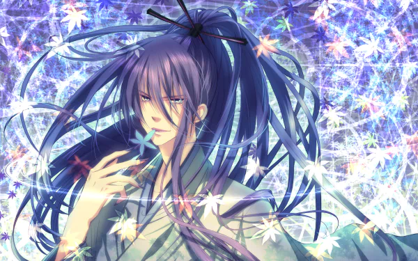 HD PC desktop wallpaper background of Vocaloid Kamui Gakupo, anime portrait with flowing purple hair, kimono, and drifting petals over a sparkling blue backdrop.