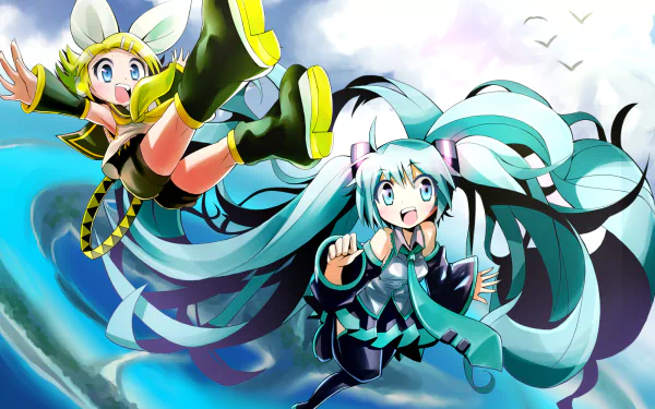 HD PC desktop wallpaper featuring Vocaloid stars Hatsune Miku and Rin Kagamine, Miku’s teal twin-tails streaming and Rin mid-jump against a bright, swirling sky.