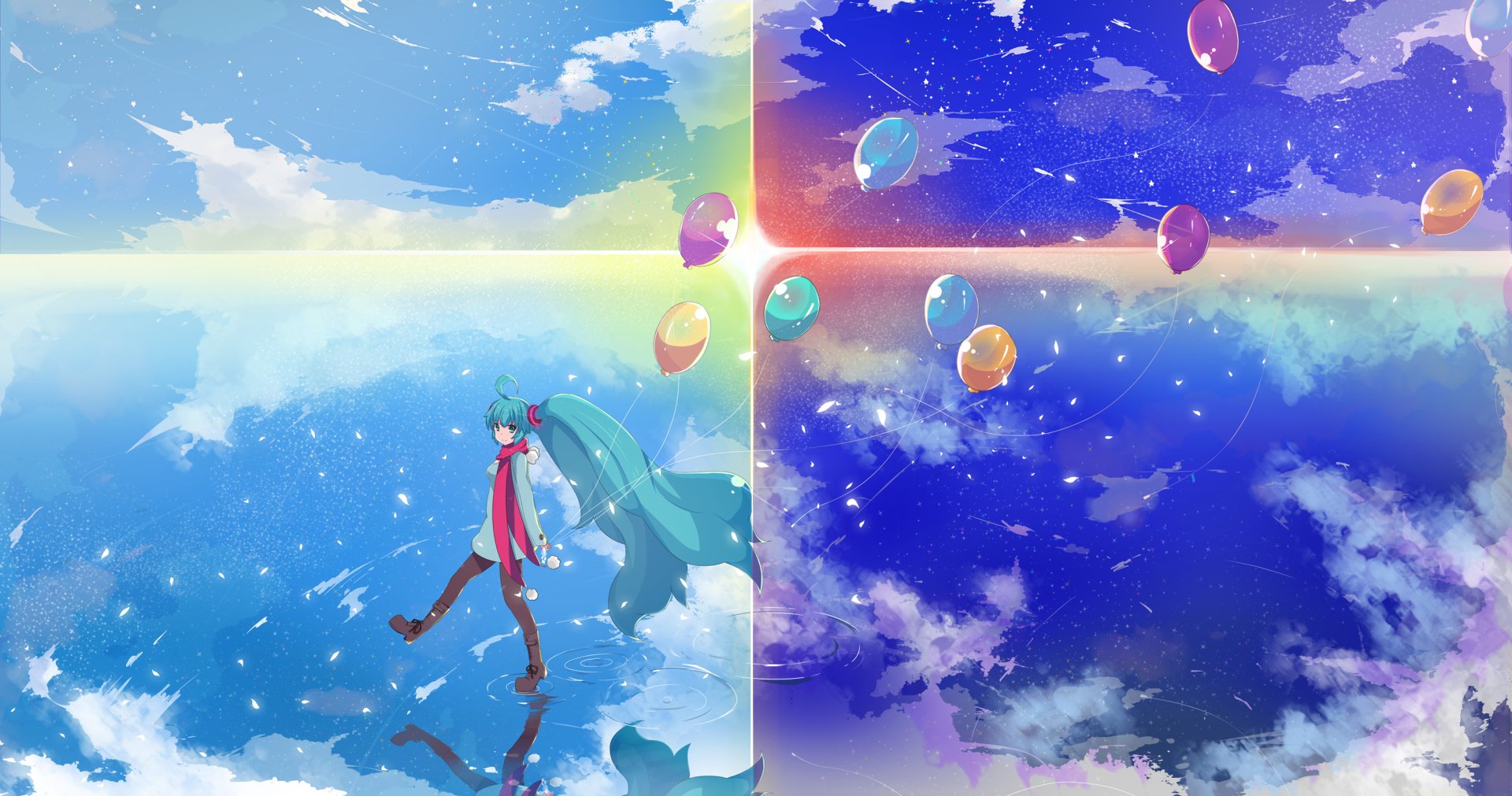 HD wallpaper featuring Hatsune Miku from Vocaloid. The anime-style image shows Miku in a vibrant, sky-themed background divided into colorful quadrants with floating balloons, creating a dreamy atmosphere.