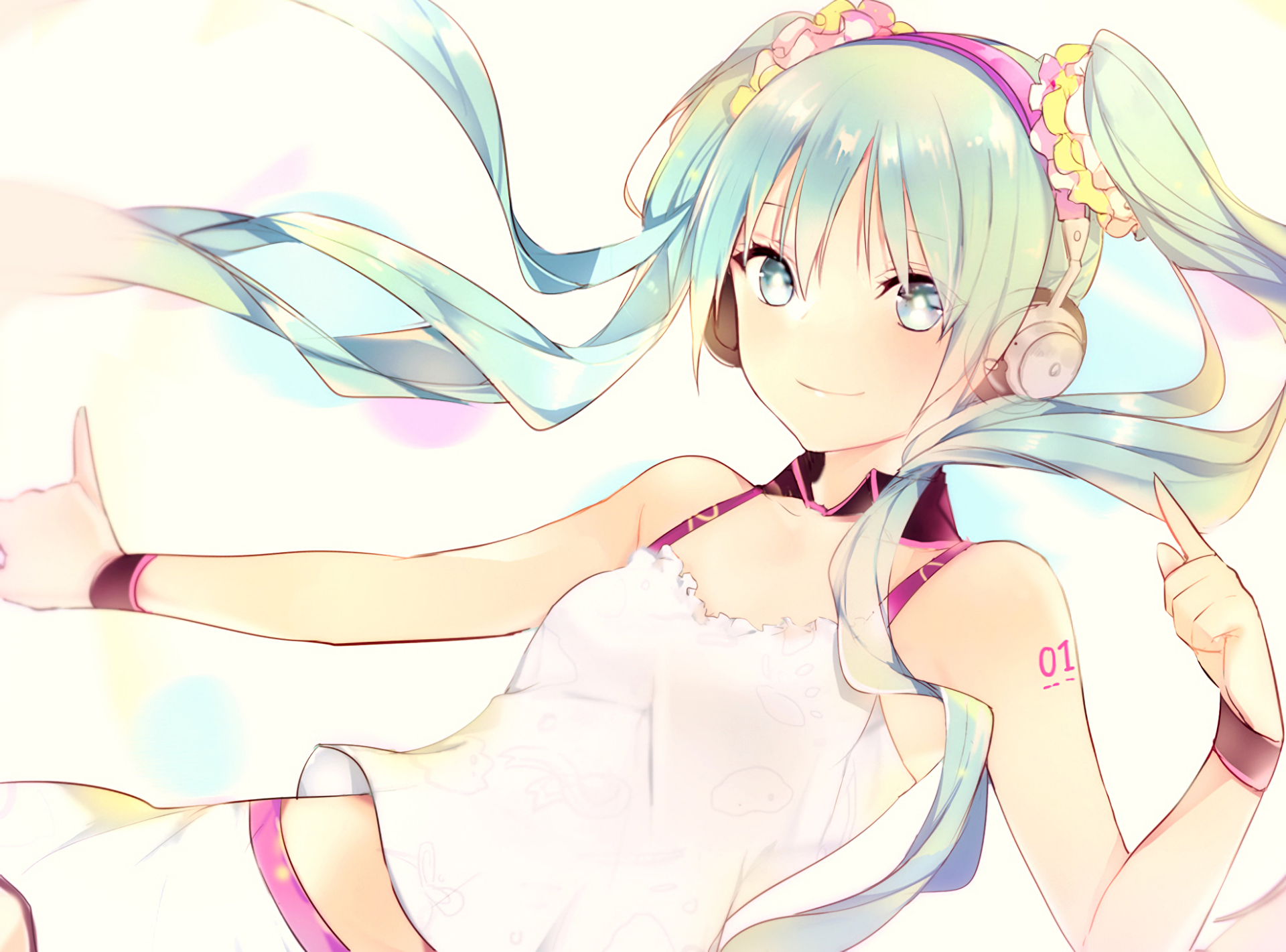 HD anime desktop wallpaper featuring Hatsune Miku, the iconic Vocaloid character, with flowing teal twin-tails and a soft pastel color palette.