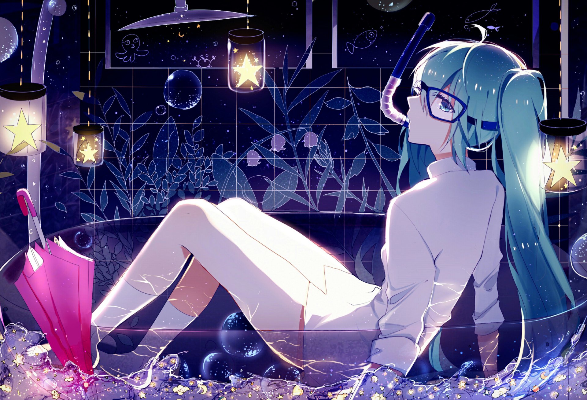 HD wallpaper featuring Hatsune Miku from Vocaloid, depicted in an anime style. She is seated in a magical, star-lit, underwater scene holding an umbrella, surrounded by glowing lanterns and bubbles.