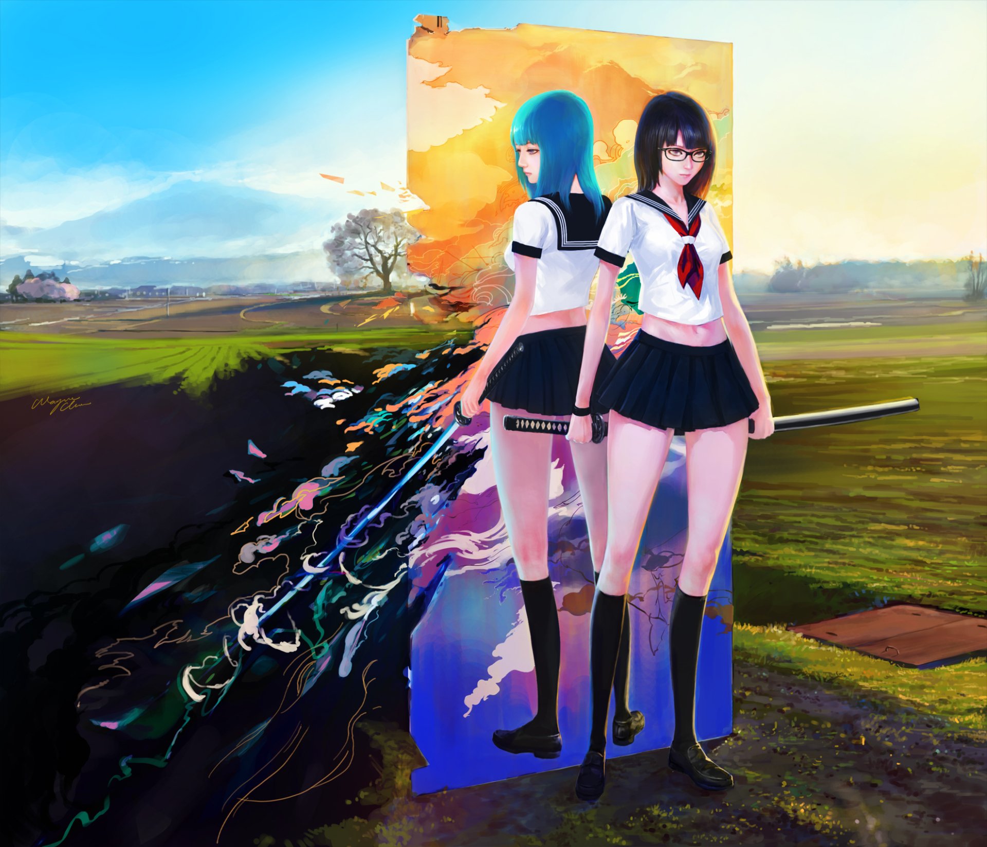 HD PC anime desktop wallpaper: two original schoolgirls in uniforms—one with blue hair and purple eyes wielding a katana, the other with black hair and glasses holding a sword; skirts and knee socks.