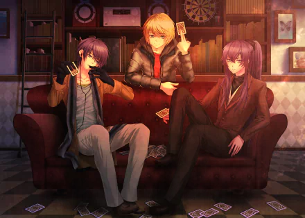 HD PC desktop wallpaper and background of Vocaloid trio Kamui Gakupo, Kaito and Len Kagamine seated on a red sofa holding cards in a warm, anime-style room.